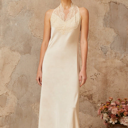Macy White Maxi Dress Lace Trim Satin Halterneck Elegant Sophisticated Fashion Terylene Fiber