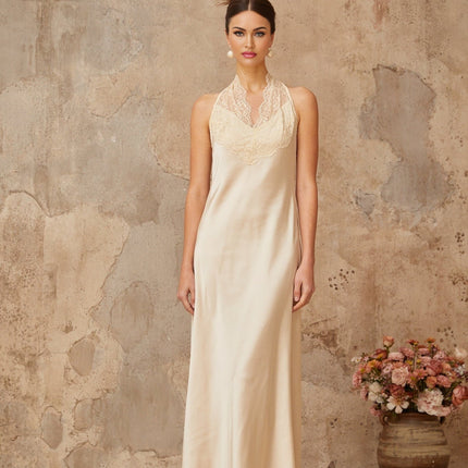 Macy White Maxi Dress Lace Trim Satin Finish Halterneck Sleeveless Elegant Sophisticated Opulent Curves Button Fastening Terylene Fiber