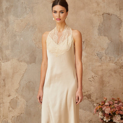 Macy White Maxi Dress Halterneck Lace Trim Satin Finish Terylene Fiber