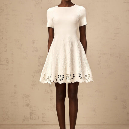 Macy White Pattern Jacquard Mini Dress Cut Out Scallop Hem
