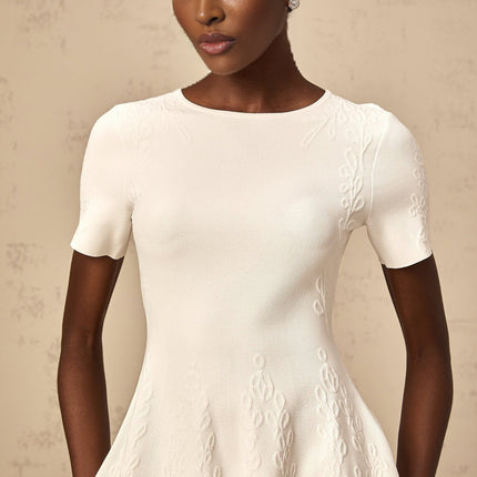 Macy White Pattern Jacquard Mini Dress Cut Out Scallop Hem