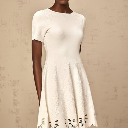 Macy White Pattern Jacquard Mini Dress Cut Out Scallop Hem