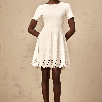 Macy White Pattern Jacquard Mini Dress Cut Out Scallop Hem
