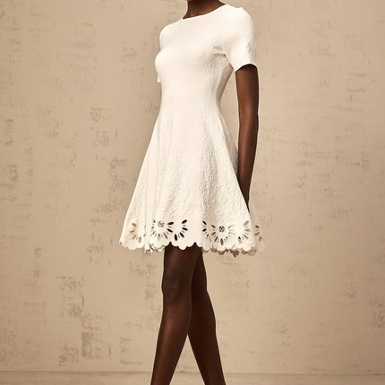 Macy White Pattern Jacquard Mini Dress Cut Out Scallop Hem