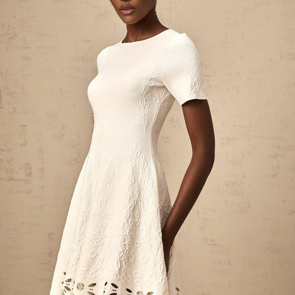 Macy White Pattern Jacquard Mini Dress Cut Out Scallop Hem