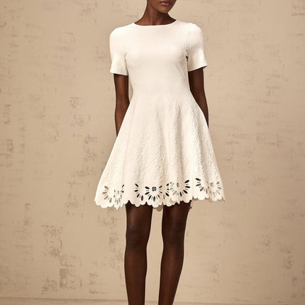 Macy White Pattern Jacquard Mini Dress with Cut Out Scallop Hem