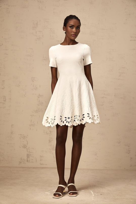 Macy White Pattern Jacquard Mini Dress with Cut Out Scallop Hem