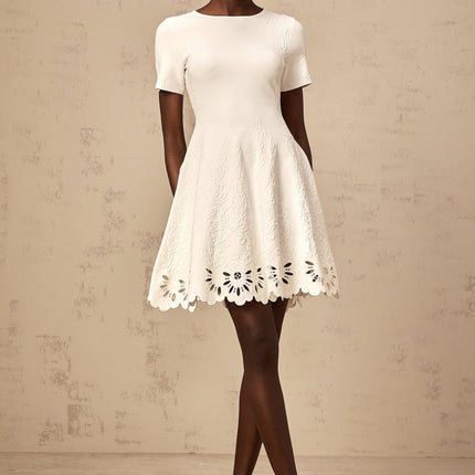 Macy White Pattern Jacquard Mini Dress with Cut Out Scallop Hem
