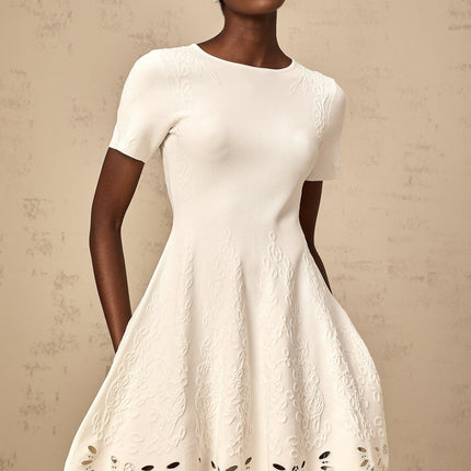 Macy White Pattern Jacquard Mini Dress with Cut Out Scallop Hem