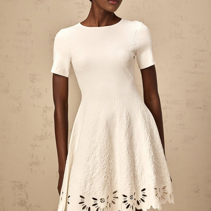 Macy White Pattern Jacquard Mini Dress with Cut Out Scallop Hem
