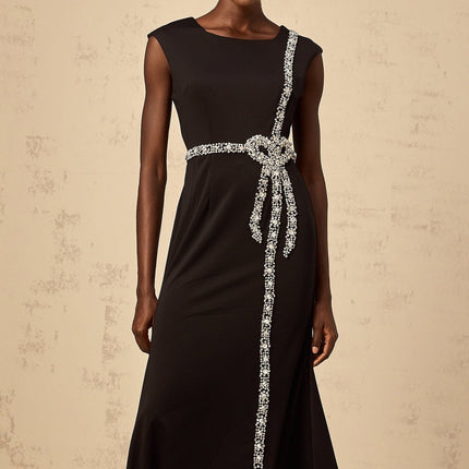 Madalynn Black Crystal Embellished Midi Dress with Bowknot Motif