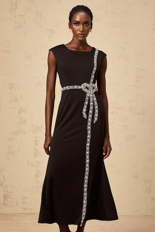Madalynn Black Crystal Embellished Midi Dress with Bowknot Motif