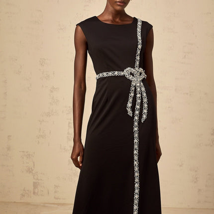 Madalynn Black Crystal Embellished Midi Dress with Bowknot Motif