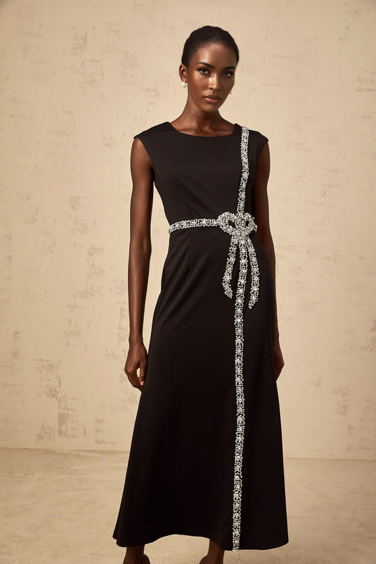Madalynn Black Crystal Embellished Midi Dress with Bowknot Motif