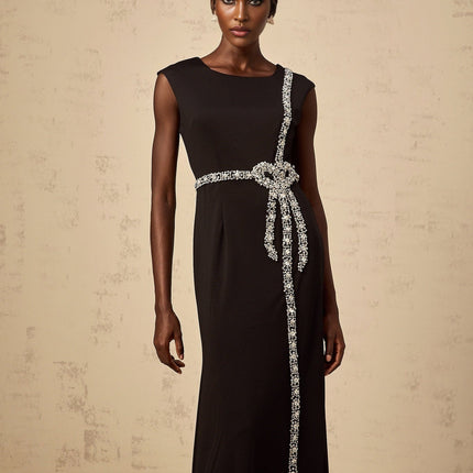 Madalynn Black Crystal Embellished Midi Dress with Bowknot Motif