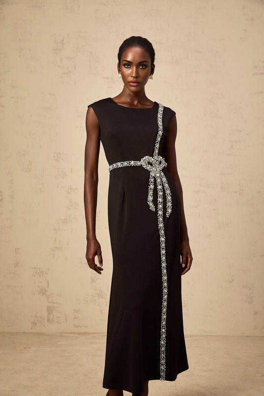 Madalynn Black Crystal Embellished Midi Dress with Bowknot Motif