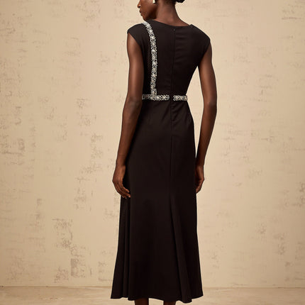 Madalynn Black Midi Dress with Crystal Embellishments and Bowknot Motif