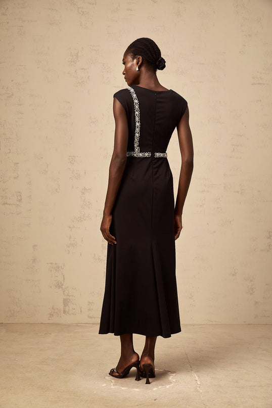 Madalynn Black Midi Dress with Crystal Embellishments and Bowknot Motif