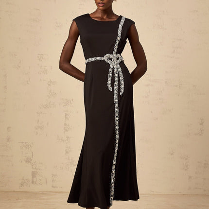 Madalynn Black Midi Dress with Crystal Embellishments and Bowknot Motif