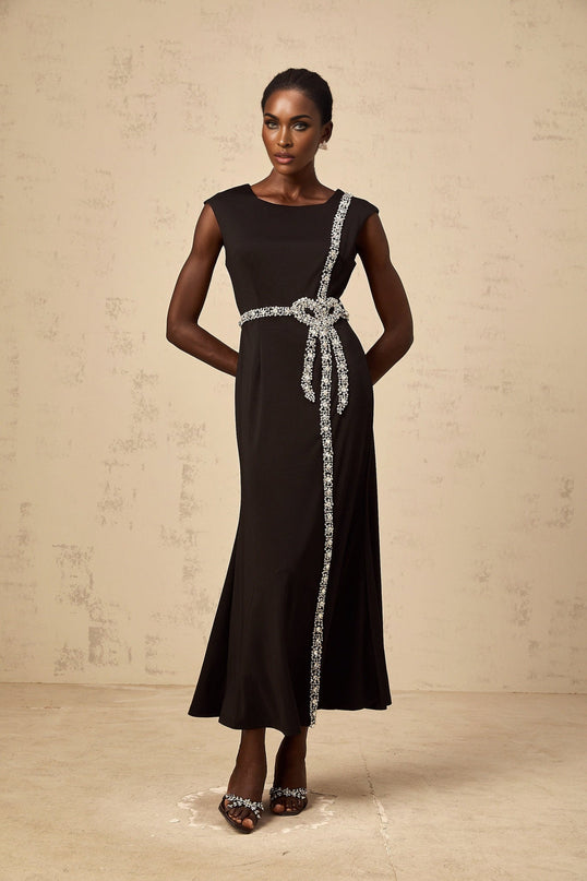 Madalynn Black Midi Dress with Crystal Embellishments and Bowknot Motif