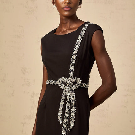 Madalynn Black Midi Dress with Crystal Embellishments and Bowknot Motif