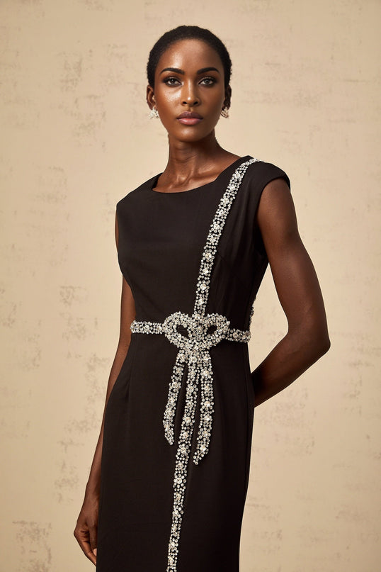 Madalynn Black Midi Dress with Crystal Embellishments and Bowknot Motif