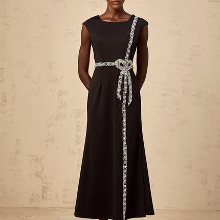 Madalynn Black Midi Dress with Crystal Embellishments and Bowknot Motif
