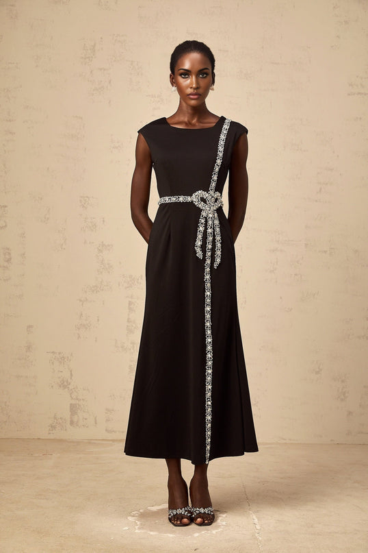 Madalynn Black Midi Dress with Crystal Embellishments and Bowknot Motif