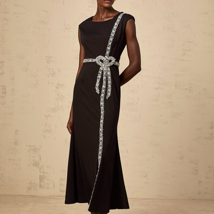 Madalynn Black Midi Dress with Crystal Embellishments and Bowknot Motif