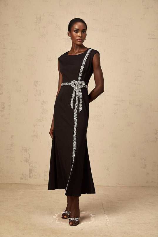 Madalynn Black Midi Dress with Crystal Embellishments and Bowknot Motif