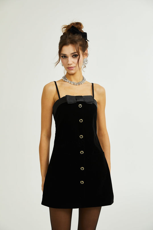 Madalynn Black Mini Dress with Bow Detailing and Front Button Accent
