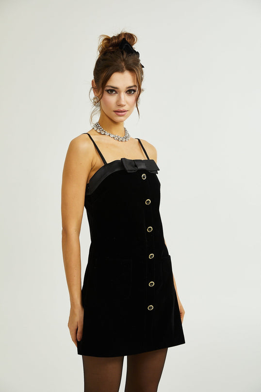 Madalynn Black Mini Dress with Bow Detailing and Front Button Accent