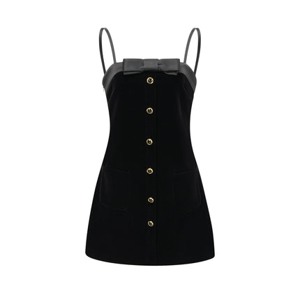 Madalynn Black Mini Dress with Bow Detailing and Front Button Accent