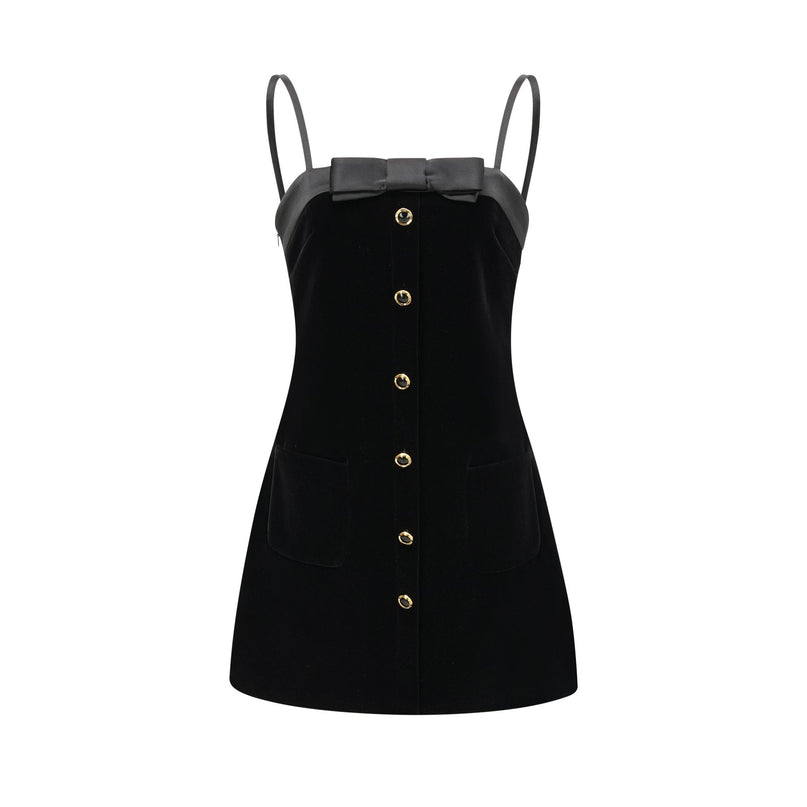 Madalynn Black Mini Dress with Bow Detailing and Front Button Accent