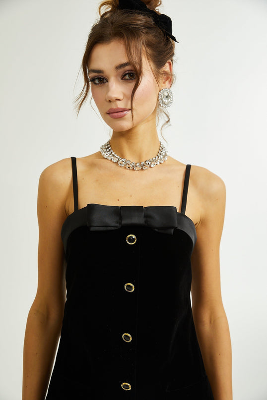Madalynn Black Mini Dress with Bow Detailing and Spaghetti Straps