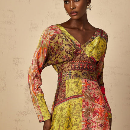 Madalynn Green Multicolor Pattern Flared Maxi Dress V-Neck Long Sleeves Cinched Waist Rear Zip Fastening 100% Terylene Fiber