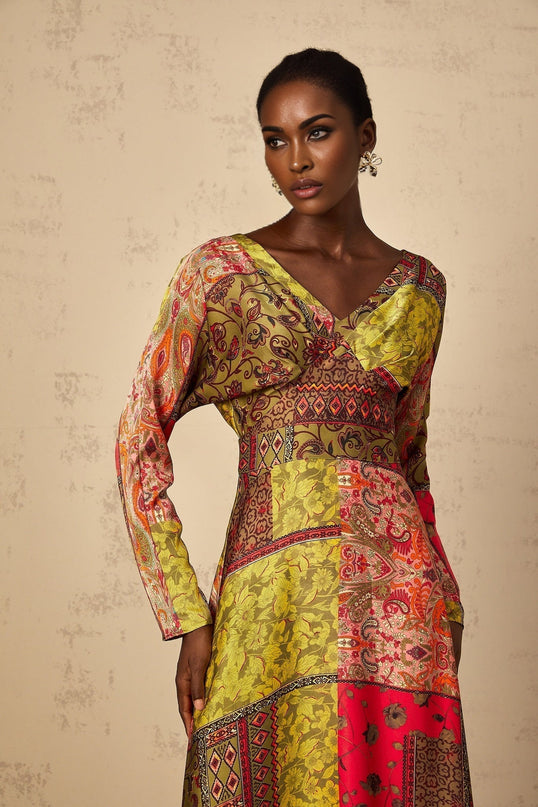 Madalynn Green Multicolor Pattern Flared Maxi Dress V-Neck Long Sleeves Cinched Waist Rear Zip Fastening 100% Terylene Fiber