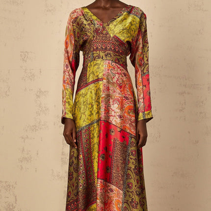Madalynn Green Multicolor Pattern Midi Dress V-Neck Long Sleeve Flared Maxi Cinched Waist Rear Zip 100% Terylene Fiber