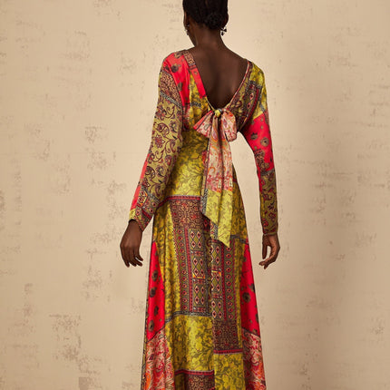 Madalynn Green Pattern Print Flared Maxi Dress V-Neck Long Sleeves Cinched Waist Rear Zip Fastening 100% Terylene Fiber
