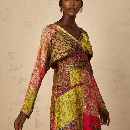 Madalynn Green Pattern Print Flared Maxi Dress V-Neck Long Sleeves Cinched Waist Rear Zip Fastening Terylene Fiber