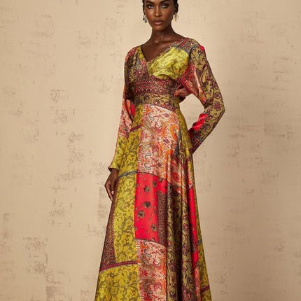 Madalynn Green Pattern Print Flared Maxi Dress V-Neck Long Sleeves Cinched Waist Rear Zip Fastening Terylene Fiber