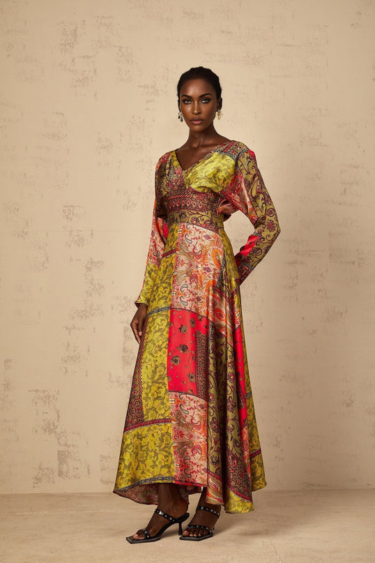 Madalynn Green Pattern Print Flared Maxi Dress V-Neck Long Sleeves Cinched Waist Rear Zip Fastening Terylene Fiber