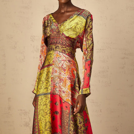 Madalynn Green Multicolor Pattern Print Flared Maxi Dress V-Neck Long Sleeves Cinched Waist Rear Zip Fastening 100% Terylene Fiber