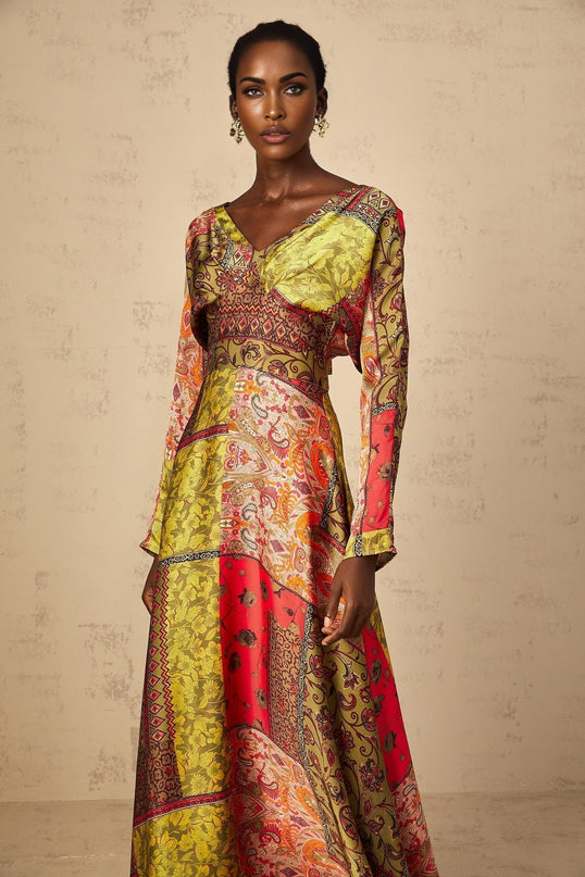 Madalynn Green Multicolor Pattern Print Flared Maxi Dress V-Neck Long Sleeves Cinched Waist Rear Zip Fastening 100% Terylene Fiber