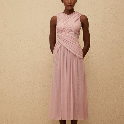 Madalynn Midi Dress in Purple Lilac Mesh V-Neck Sleeveless Pleated
