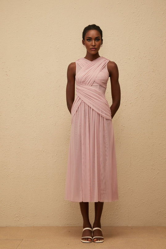 Madalynn Midi Dress in Purple Lilac Mesh V-Neck Sleeveless Pleated