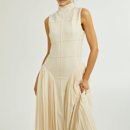Madalynn Neutrals Sleeveless Mock Neck Pleated Knitted Midi Dress