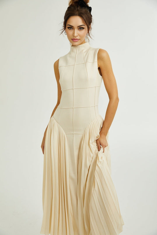 Madalynn Neutrals Sleeveless Mock Neck Pleated Knitted Midi Dress