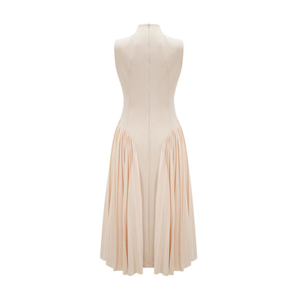 Madalynn Neutrals Sleeveless Mock Neck Pleated Knitted Midi Dress