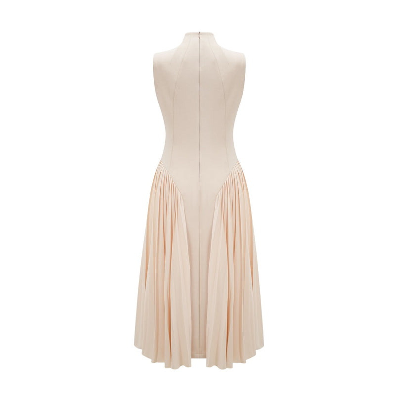 Madalynn Neutrals Sleeveless Mock Neck Pleated Knitted Midi Dress